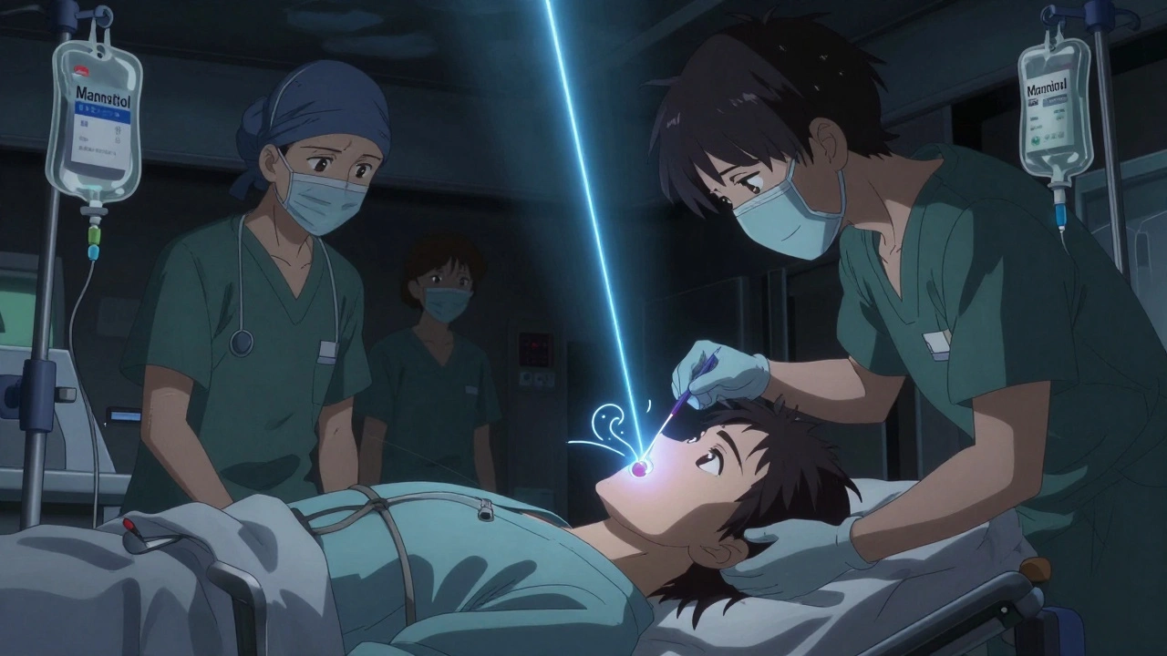 Laser iridotomy procedure in ER, blue fluid swirls around eye, medical staff in urgent motion.