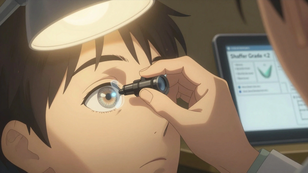 Ophthalmologist performing gonioscopy on patient&#039;s eye, golden light highlighting iris structure.