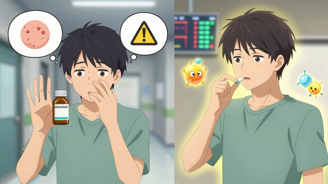 Patient confidently taking hydrochlorothiazide as harmless chemical molecules glow nearby.