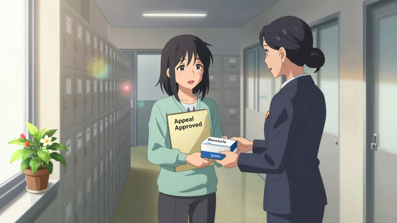 Patient smiling in insurance office hallway holding approved appeal folder and brand-name medication box.