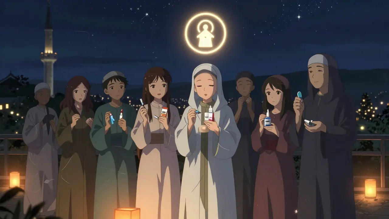 People holding non-oral medications under a starry night, symbolizing safe fasting with medical support.