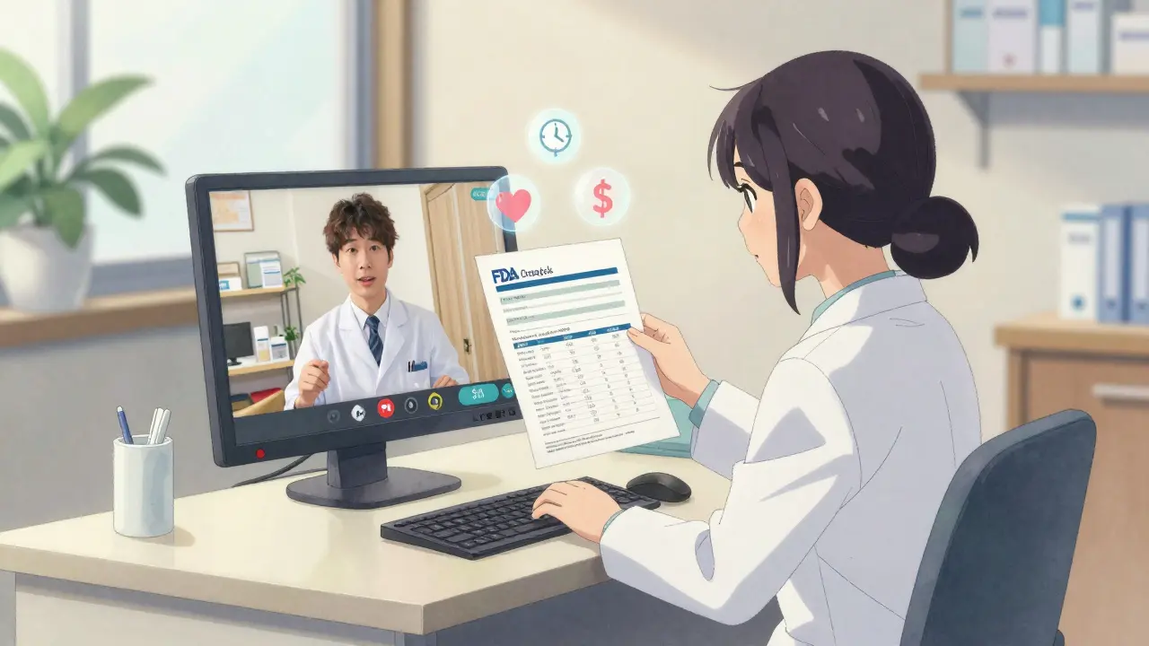 Pharmacist consults an employee via video call, displaying cost savings of generic vs brand-name drugs.