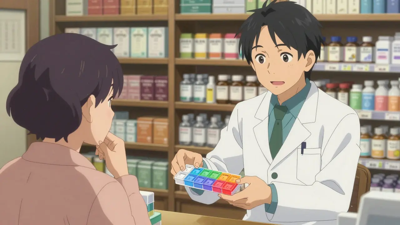 Pharmacist handing a patient a time-sorted pill organizer for thyroid medication and supplements.