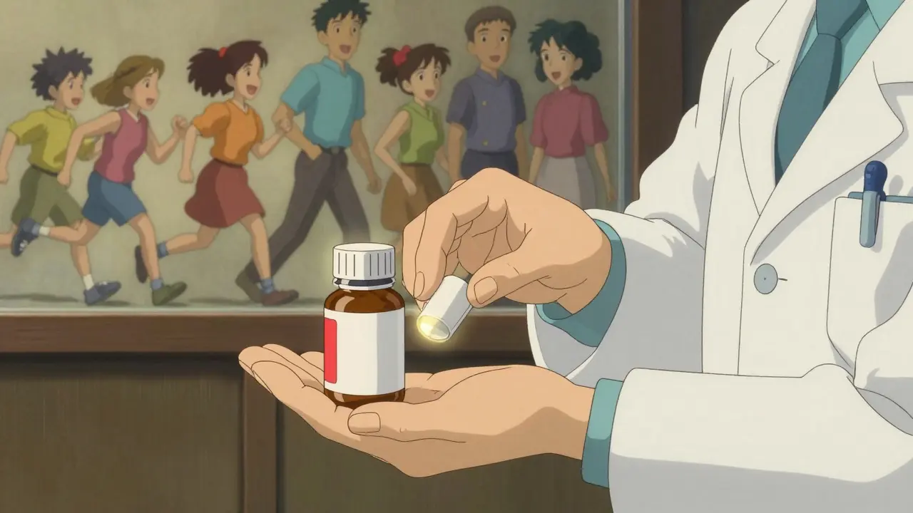Pharmacist hands a generic medication bottle to an employee, with a mural of healthy people in the background.