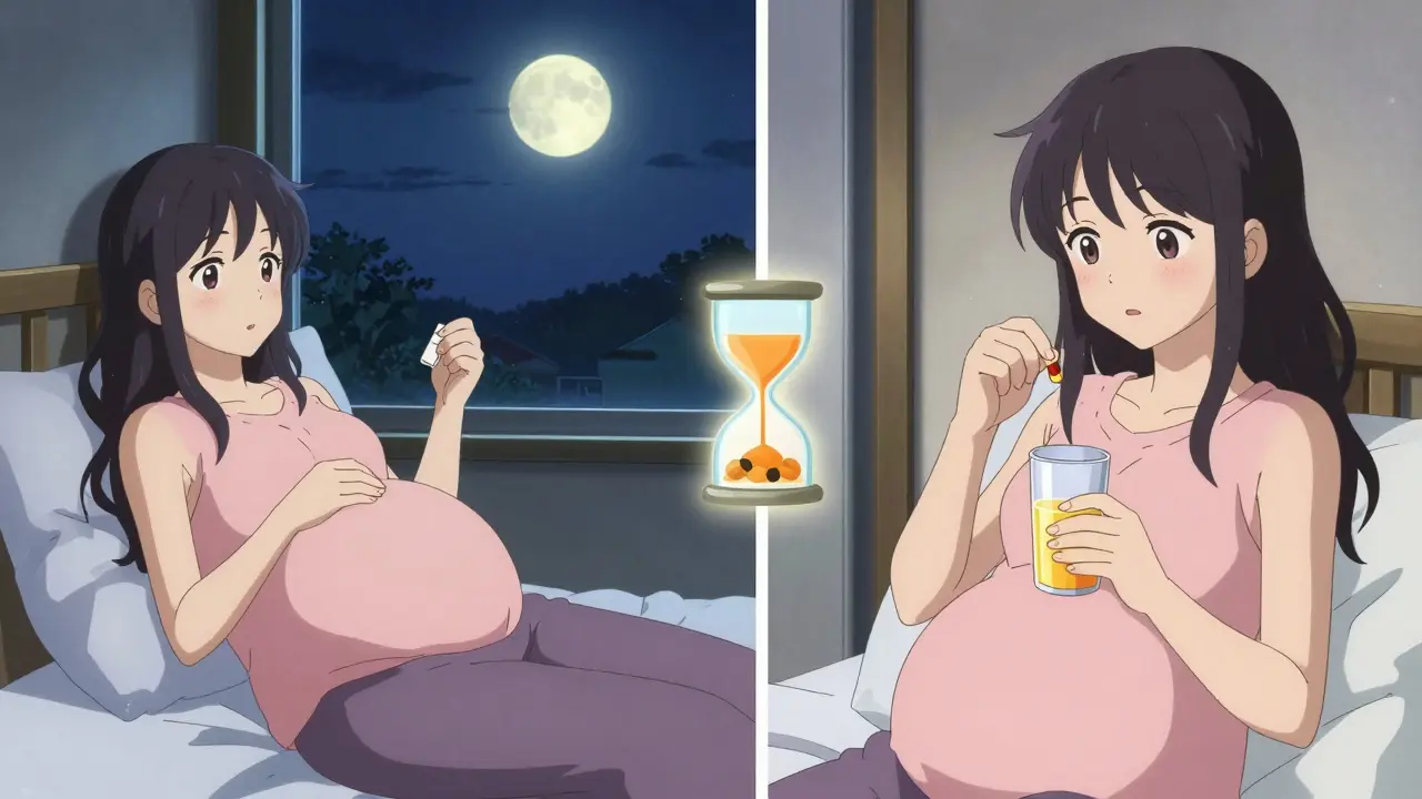 Pregnant woman taking thyroid medicine at night while iron supplement is taken in the morning.