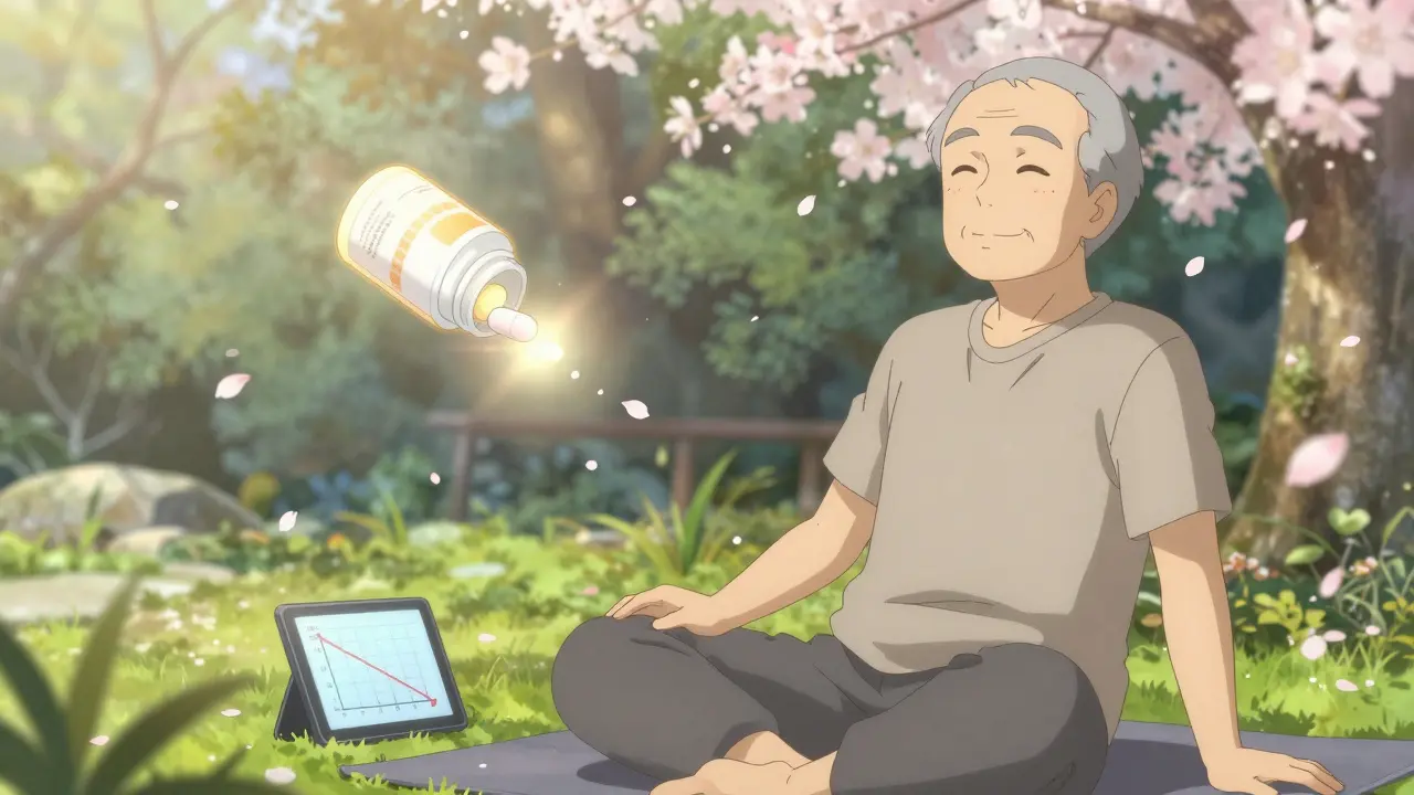 Senior man doing pelvic exercises in garden, mirabegron pill glowing beside fading anticholinergic bottle.