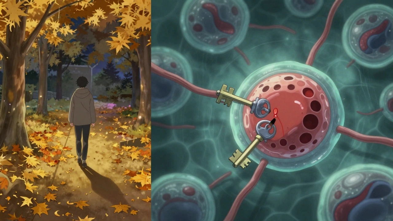 Split scene: a person walking at dusk and microscopic view of insulin resistance in cells.