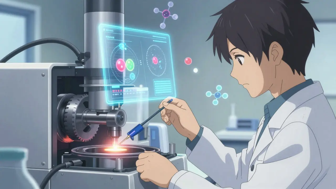 Technicians operate a precision machine with holographic drug release profiles.