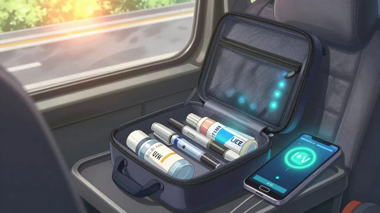 UV-blocking travel case with insulin and eye drops on car seat, smartphone showing UV alert outside sunny window.