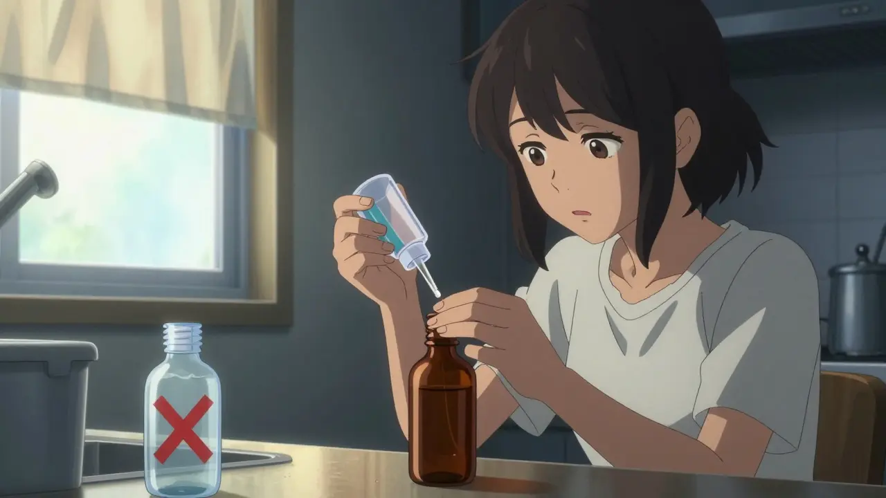 Woman transferring eye drops from clear to amber bottle at kitchen counter with sunlight blocked by curtain.