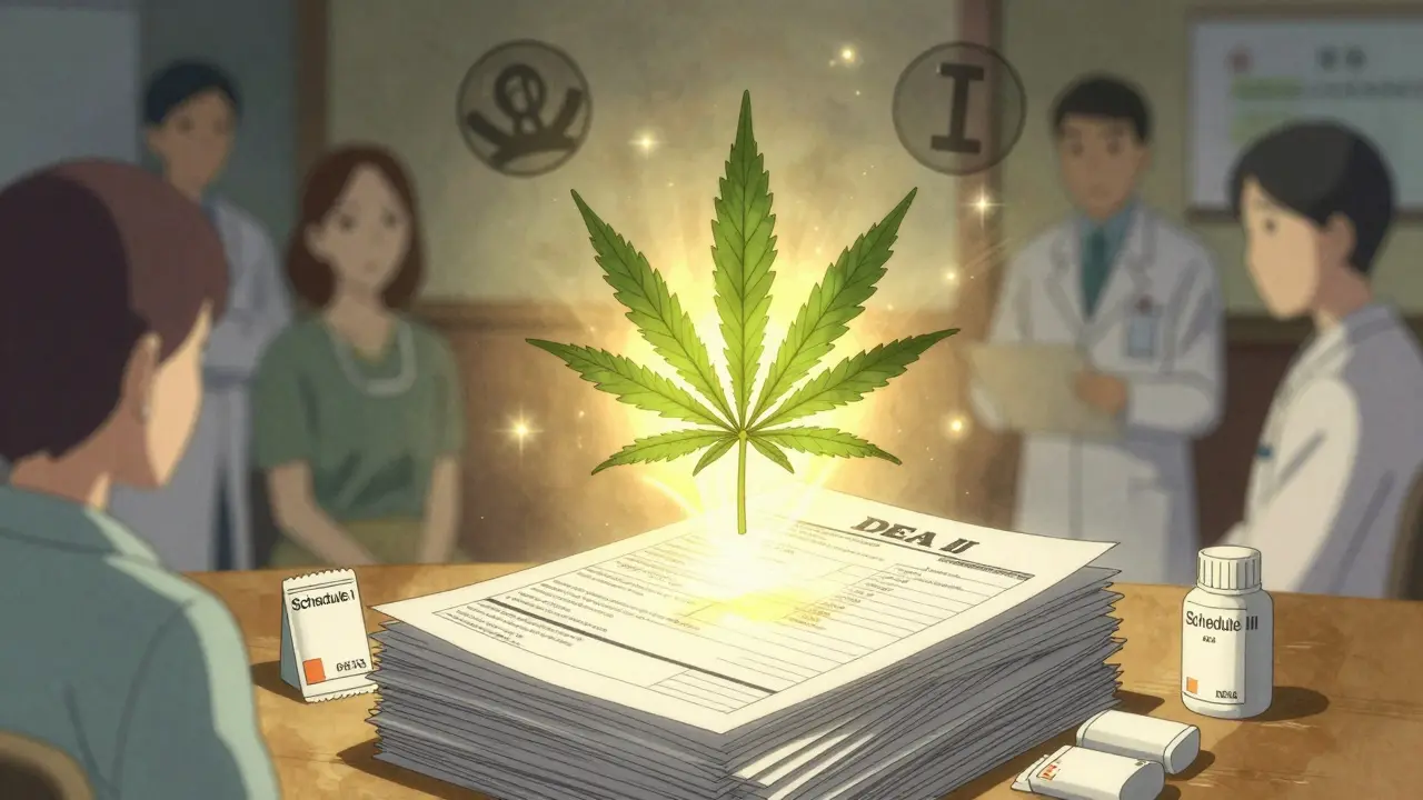A cannabis leaf transforms into a Schedule III label amid floating DEA forms and silent observers.