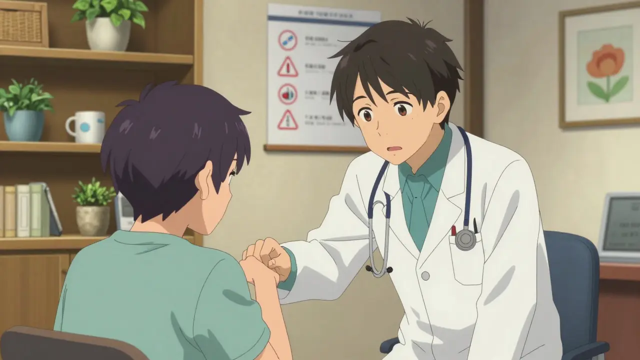 A doctor and patient in a warm office, discussing medication side effects with gentle concern.