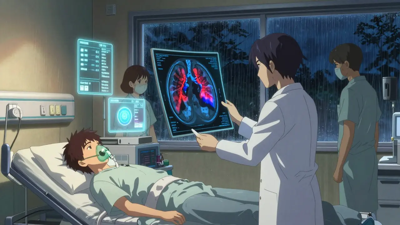 A doctor reviewing a CTPA scan in an emergency room, with contrast dye revealing blocked lung arteries.
