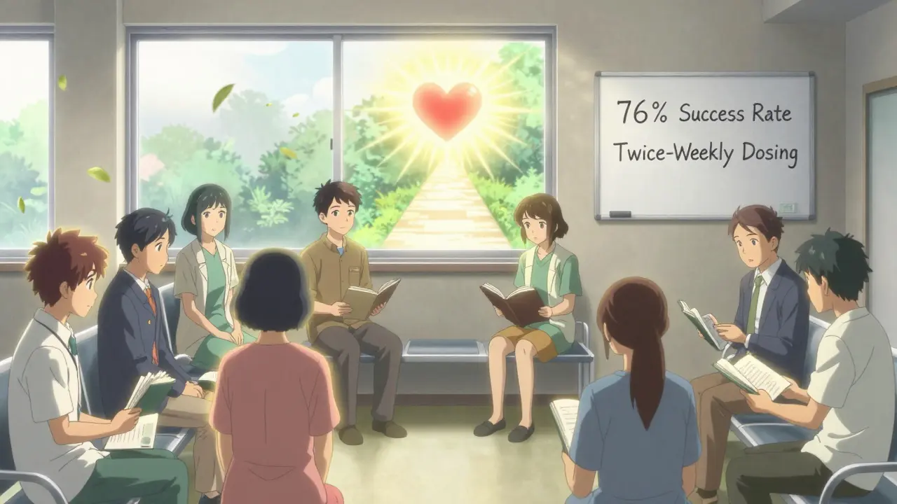 A group of patients in a clinic waiting area, each glowing softly, symbolizing successful statin tolerance restoration.