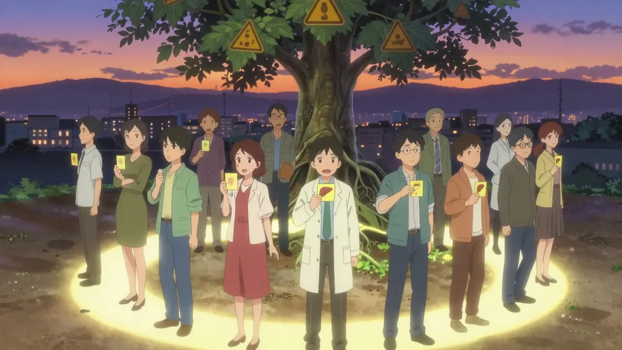 A group of people holding yellow cards with medical warning symbols, standing in a glowing circle under a tree with warning-sign leaves.