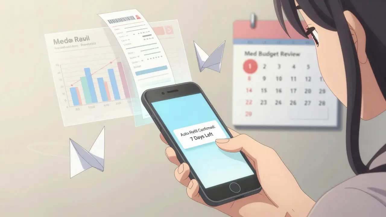 A hand confirming a medication auto-refill with budget charts floating nearby in a calm room.