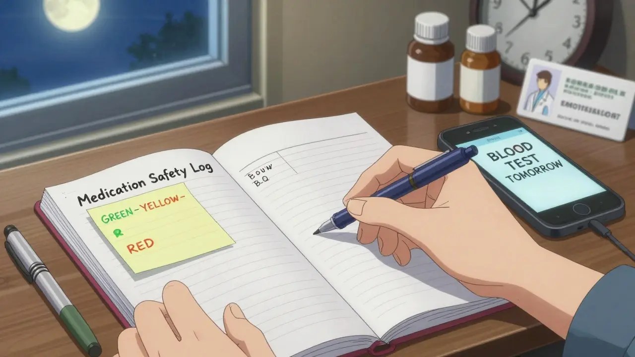 A handwritten safety log with color-coded alerts and a phone alarm for a blood test on a nightstand.