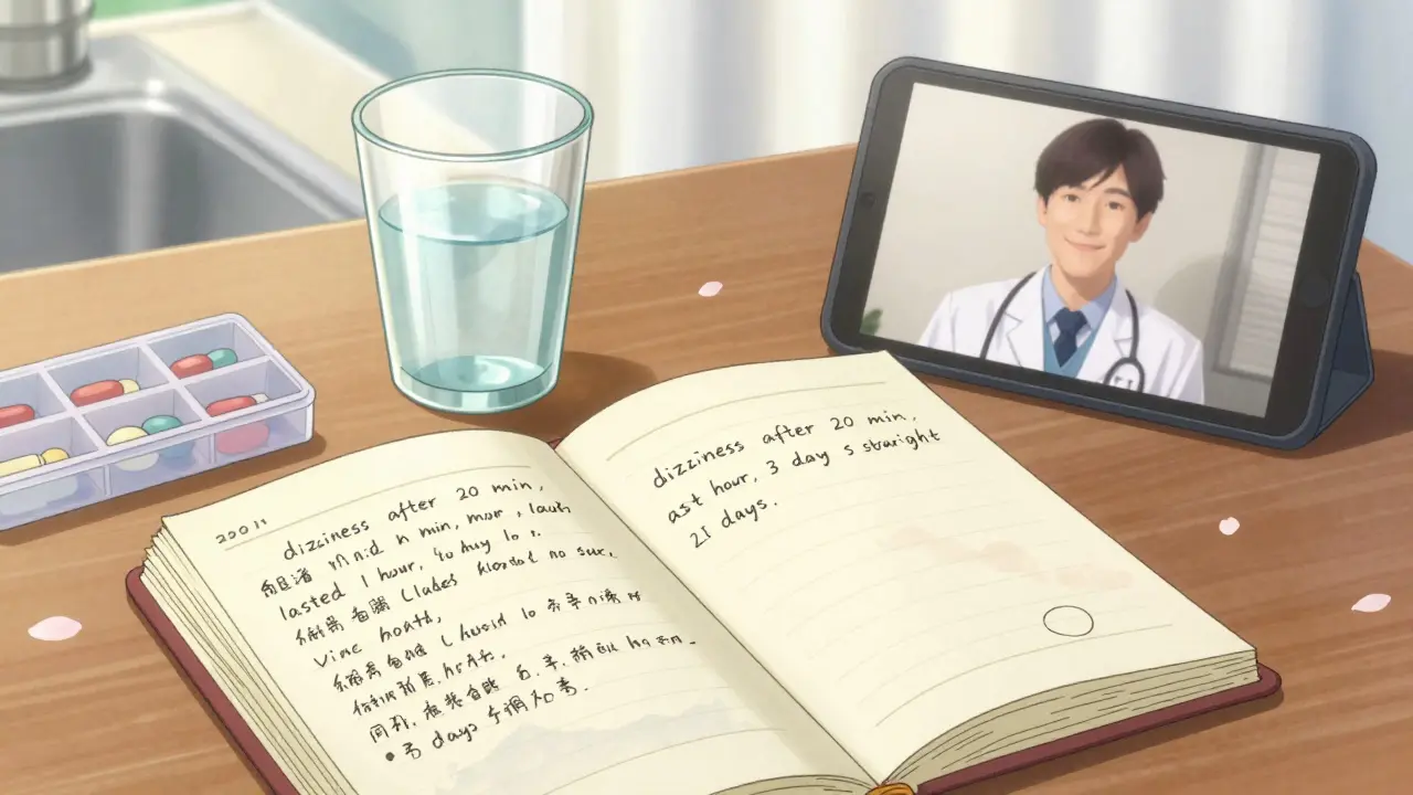 A journal detailing medication side effects on a kitchen table with sunlight, a pill organizer, and a paused doctor video call on a phone.