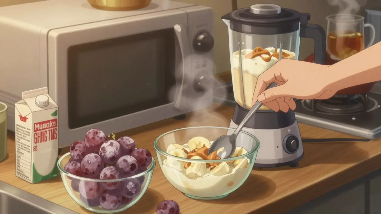 A kitchen counter with frozen grapes, a blender making a protein shake, and ginger tea steaming, plastic utensils visible.
