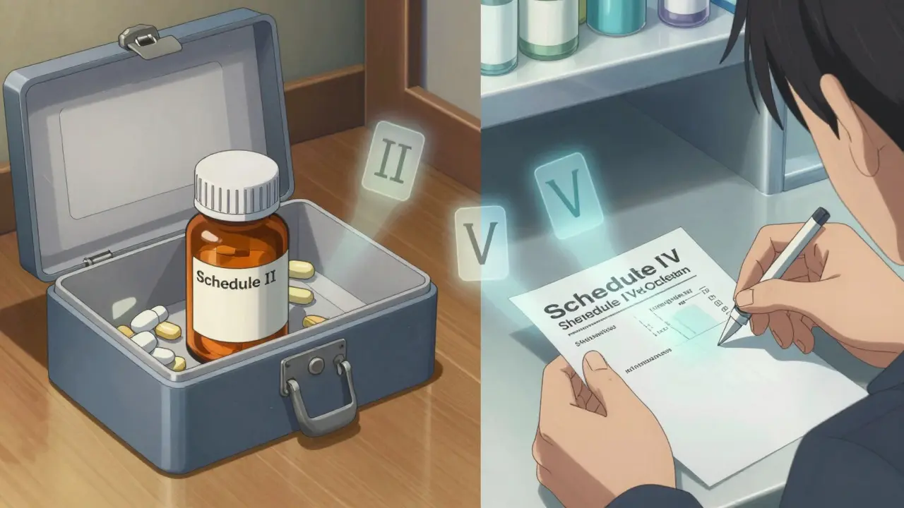 A locked medicine box holds a Schedule II pill bottle while a pharmacist processes a Schedule IV prescription electronically.