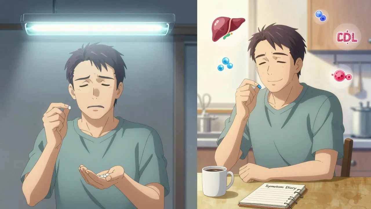 A man transitioning from muscle pain to relief, shown side by side, taking a different statin with a symptom diary.