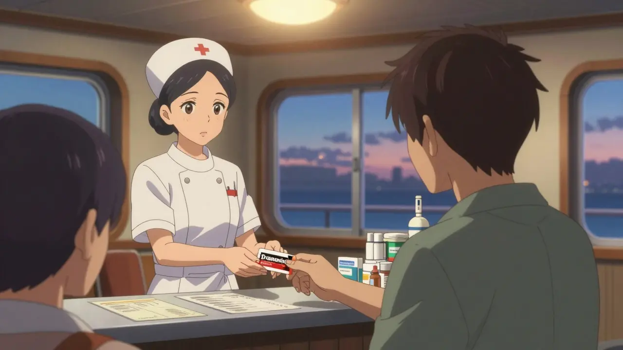 A nurse hands free seasickness medicine to a passenger in a cozy cruise ship medical center.
