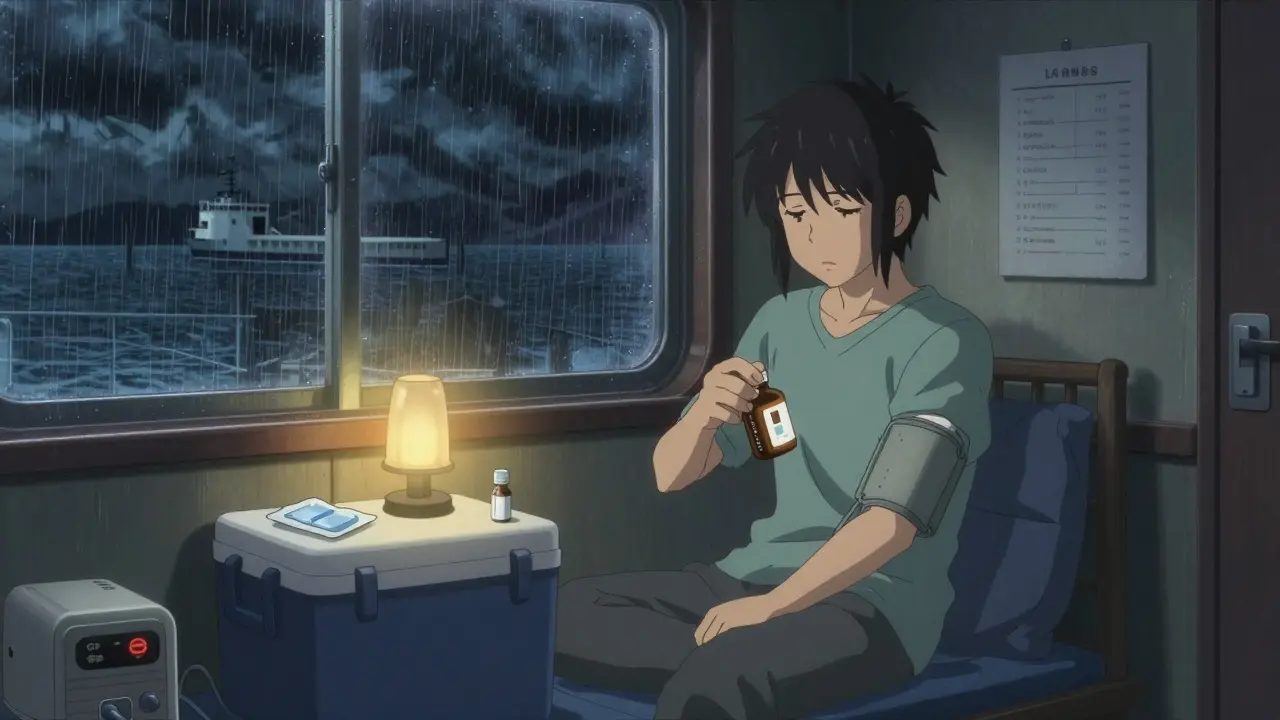 A passenger takes their medication in their cabin during a storm, with insulin cooler and CPAP machine nearby.