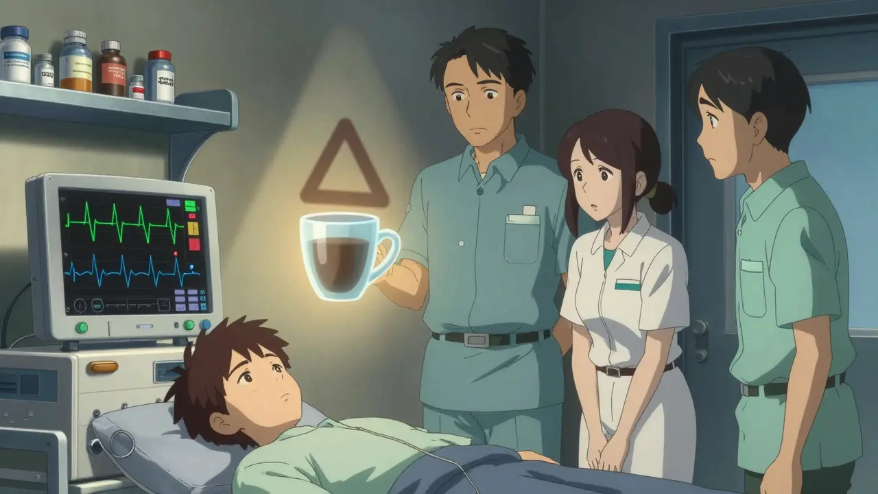 A patient's ECG spikes wildly as a coffee cup casts a warning shadow in a hospital room.