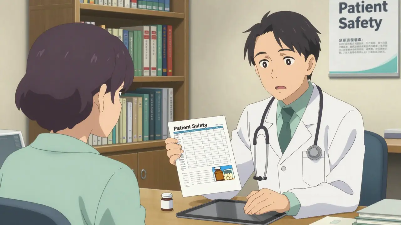 A patient and healthcare provider reviewing medication details together in a calm clinic setting.