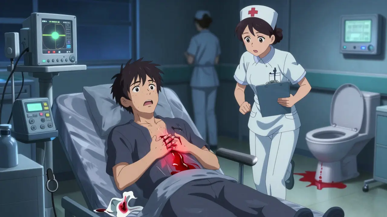 A patient in emergency room showing signs of internal bleeding, nurse rushing in, red urine visible in background.