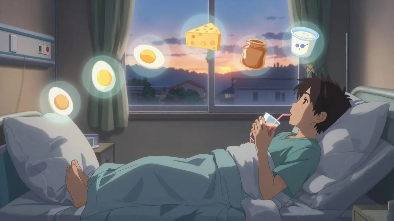 A patient sipping a nutritional shake in bed as glowing food icons float above, sunset light streaming through the window.
