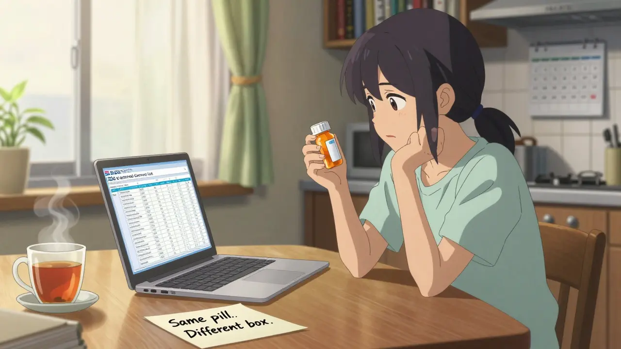 A person holding two pill bottles at home, looking at an FDA list on a laptop, sunlight streaming through curtains.