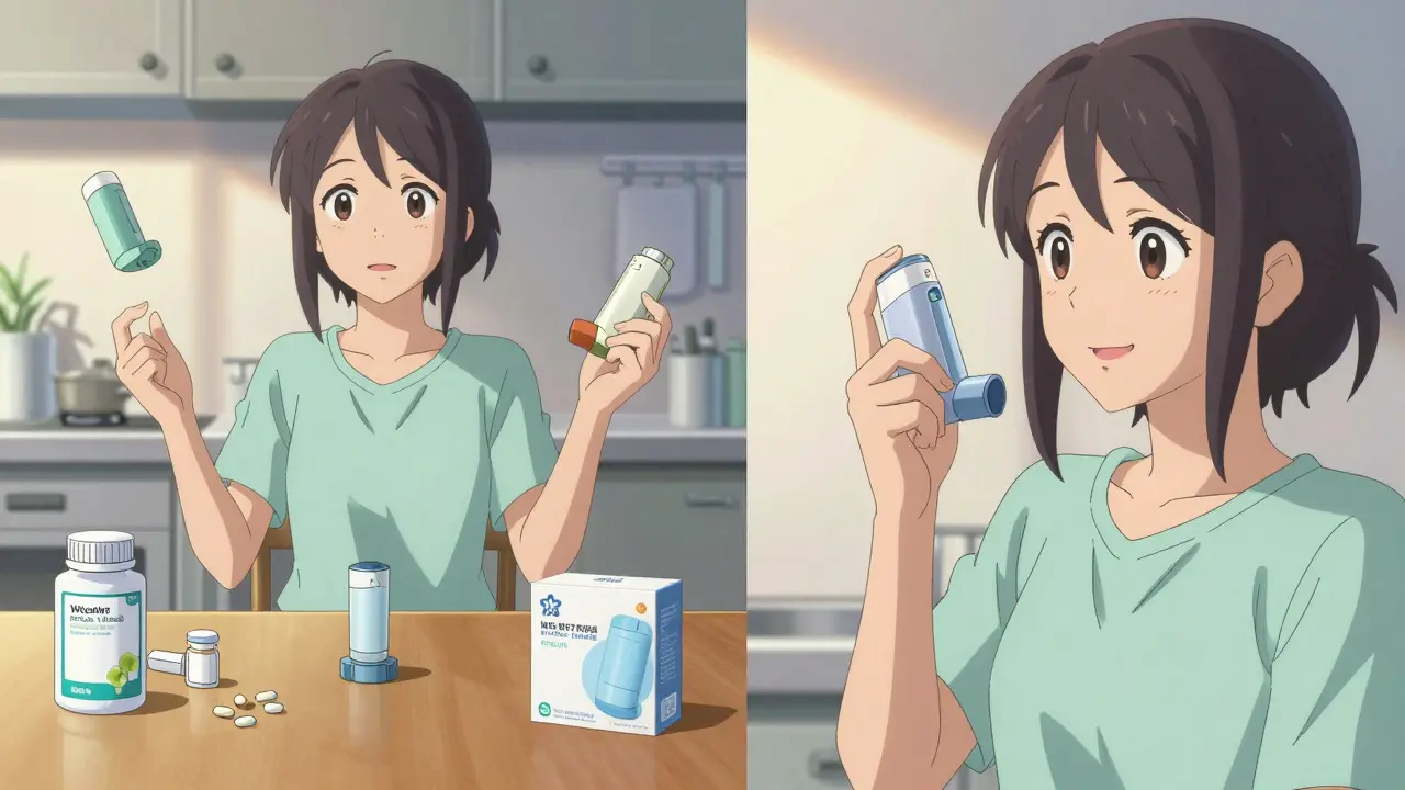 A person uses one inhaler instead of multiple medications, shown in a peaceful morning setting.