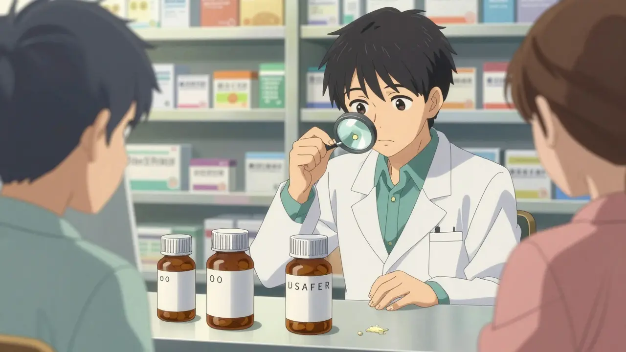 A pharmacist examining pills under a lamp while a patient watches anxiously.