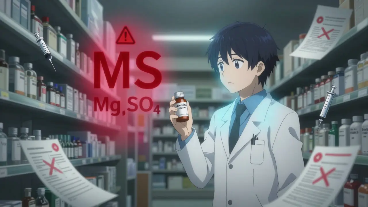 A pharmacist holds a bottle as spectral 'MS' and 'MgSO4' conflict in mid-air.