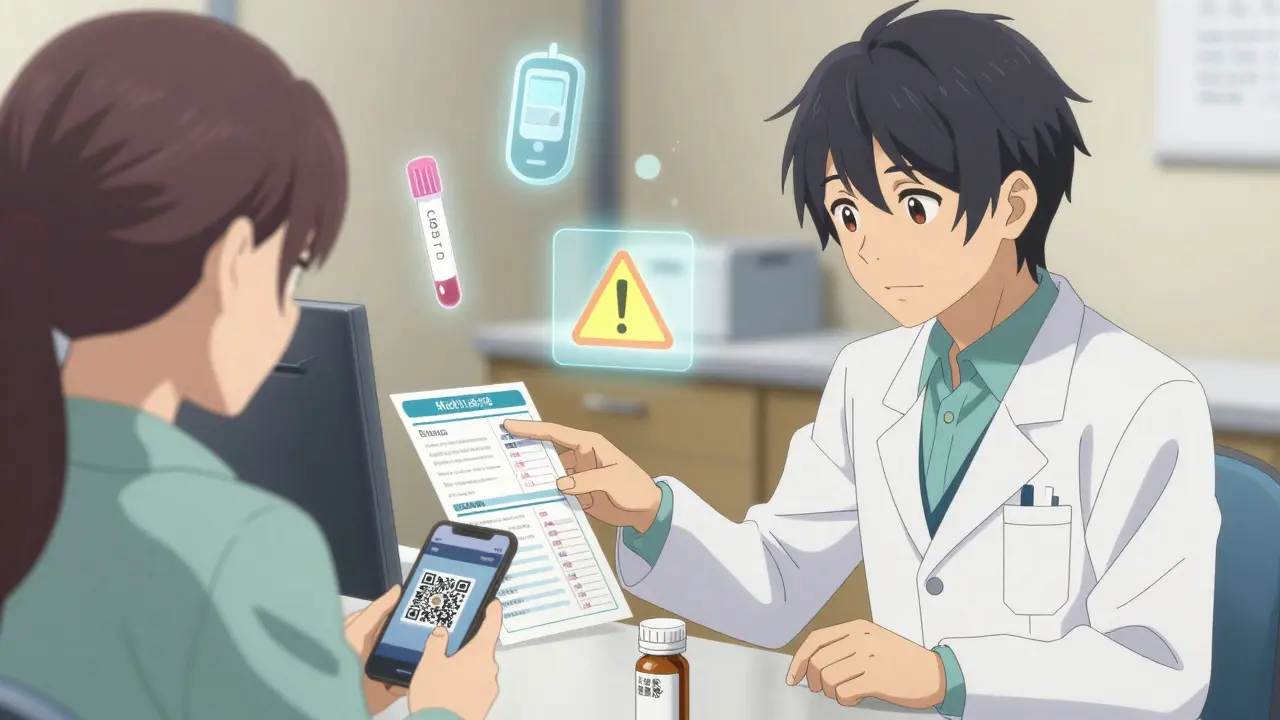 A pharmacist shows a patient how to scan a QR code for a medication guide beside a pill bottle.