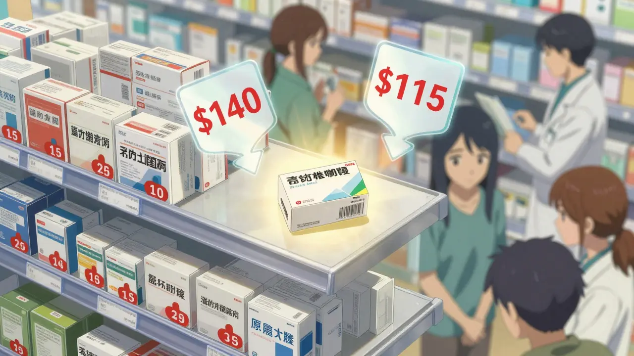 A pharmacy shelf with high-priced generics contrasted by a glowing, affordable combination drug.