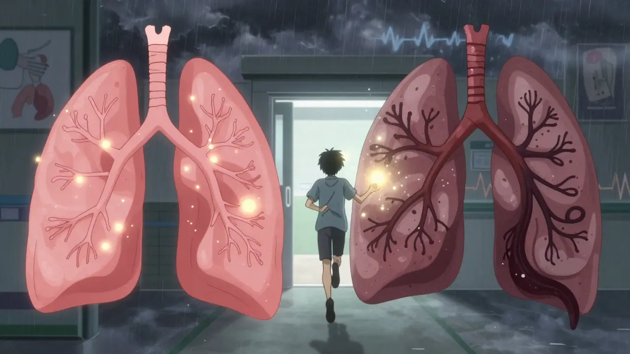 A split image of healthy vs. blocked lungs, with a person running toward the hospital as hope glows around them.