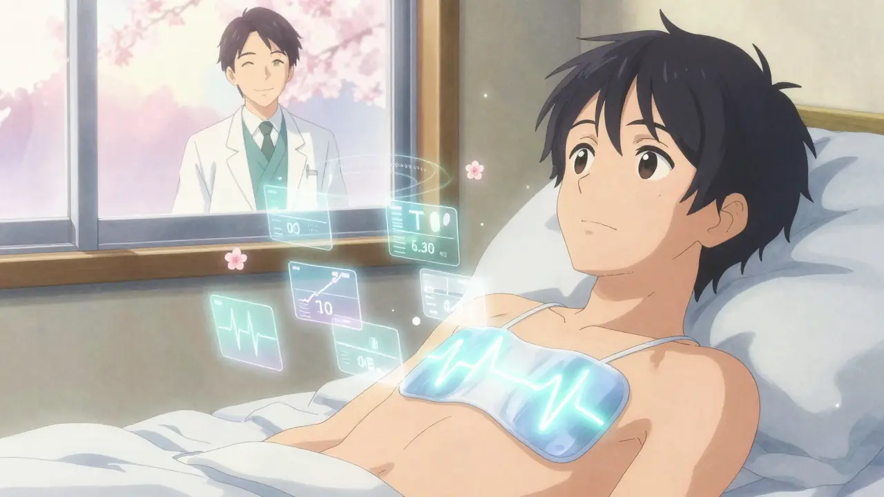 A wearable ECG patch on a chest with floating health data like cherry blossoms, representing monitoring and safety.