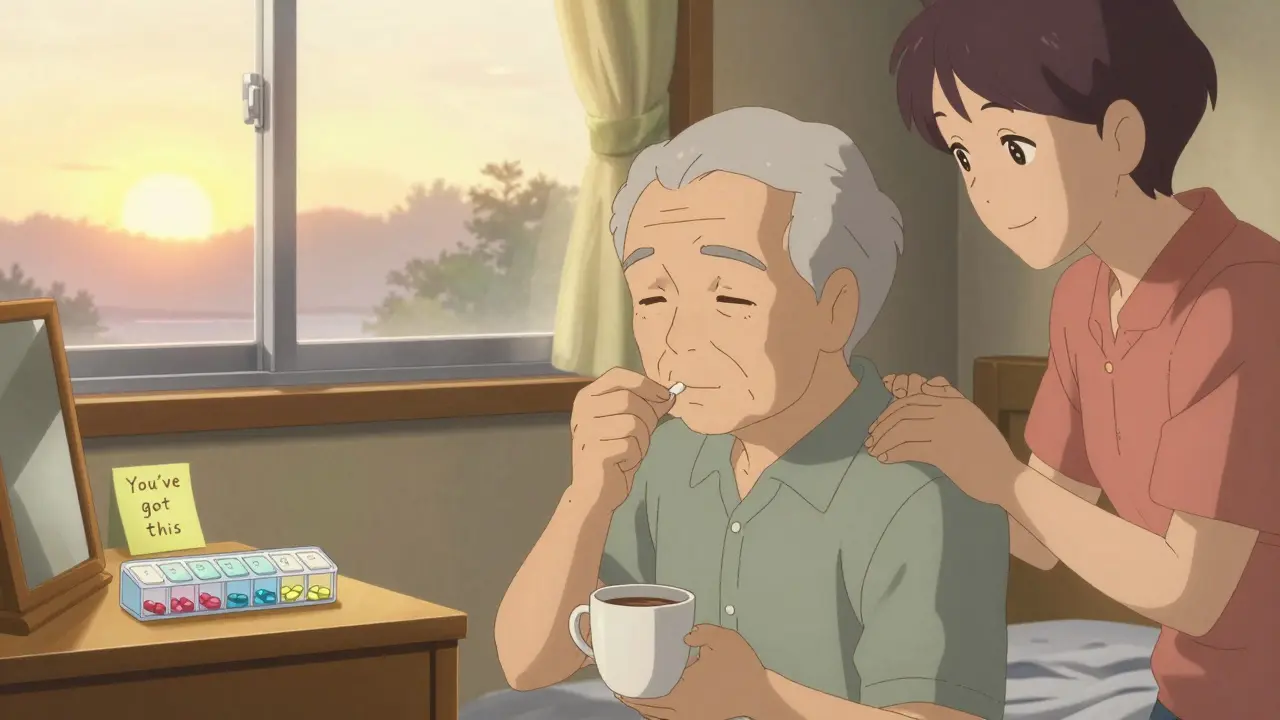 An elderly person taking medication with coffee, family member nearby, pill organizer and sunrise through window.