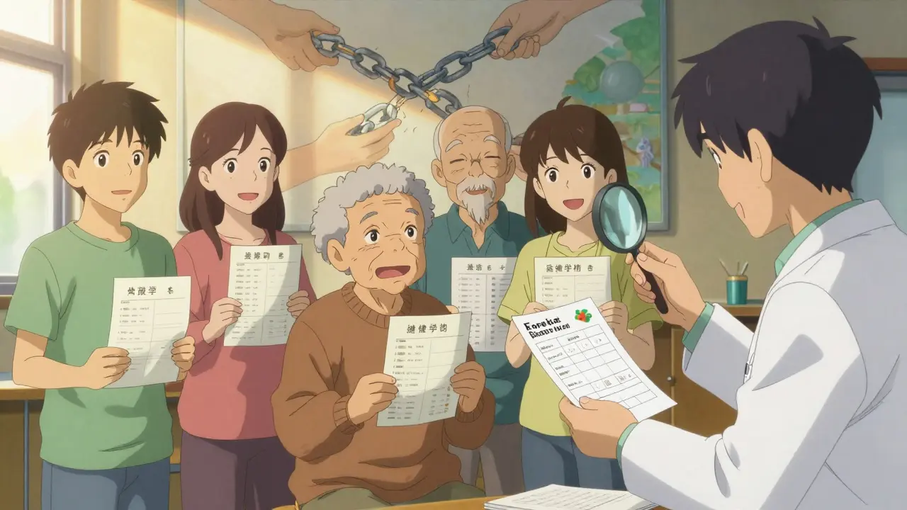 Diverse patients and pharmacist together in a community center with medication lists.