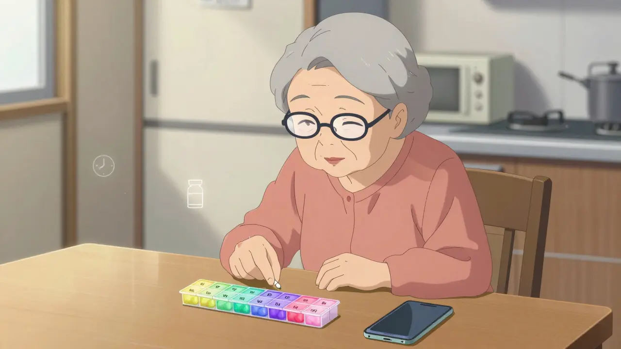 Elderly woman hesitating at a labeled pill organizer with smartphone alarm glowing nearby.