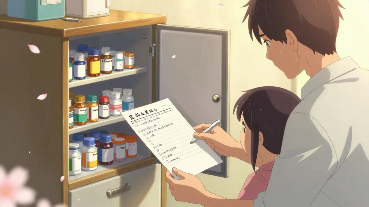 Family and pharmacist reviewing organized medications in a locked cabinet with handwritten list.