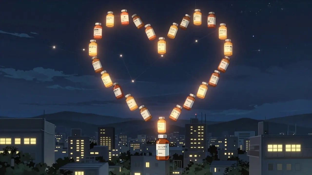 Floating medication labels rising into the night sky as glowing lanterns forming a heart-shaped constellation.