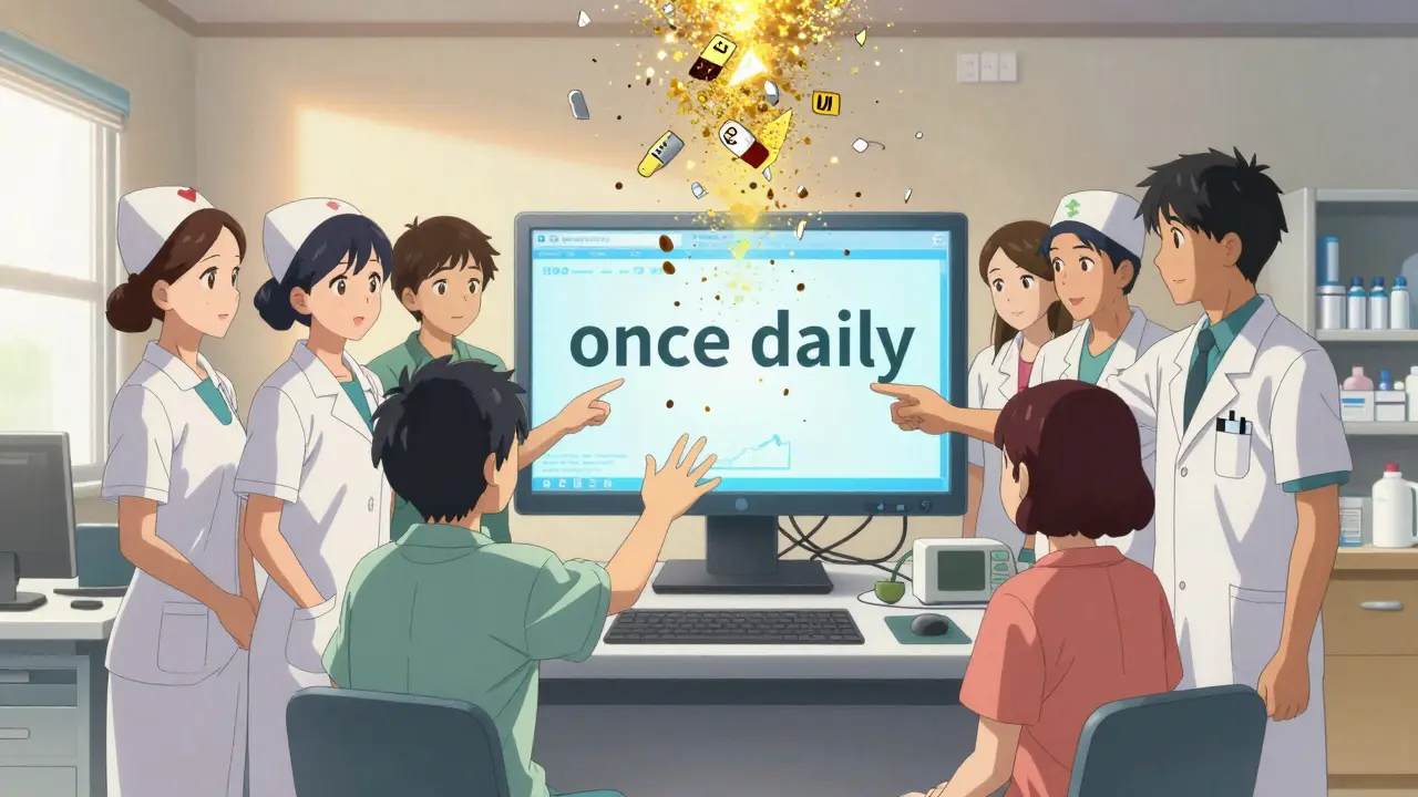 Hospital staff gather around a screen displaying 'once daily' as dangerous abbreviations vanish.