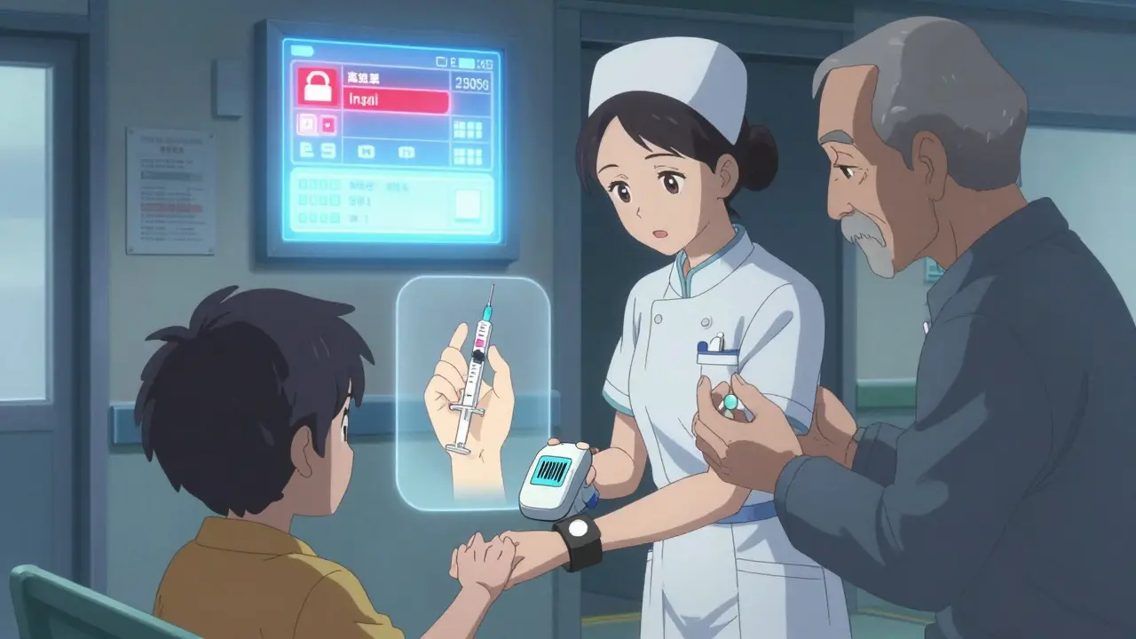 Nurse scanning a patient's wristband in a hospital with a digital alert for insulin.