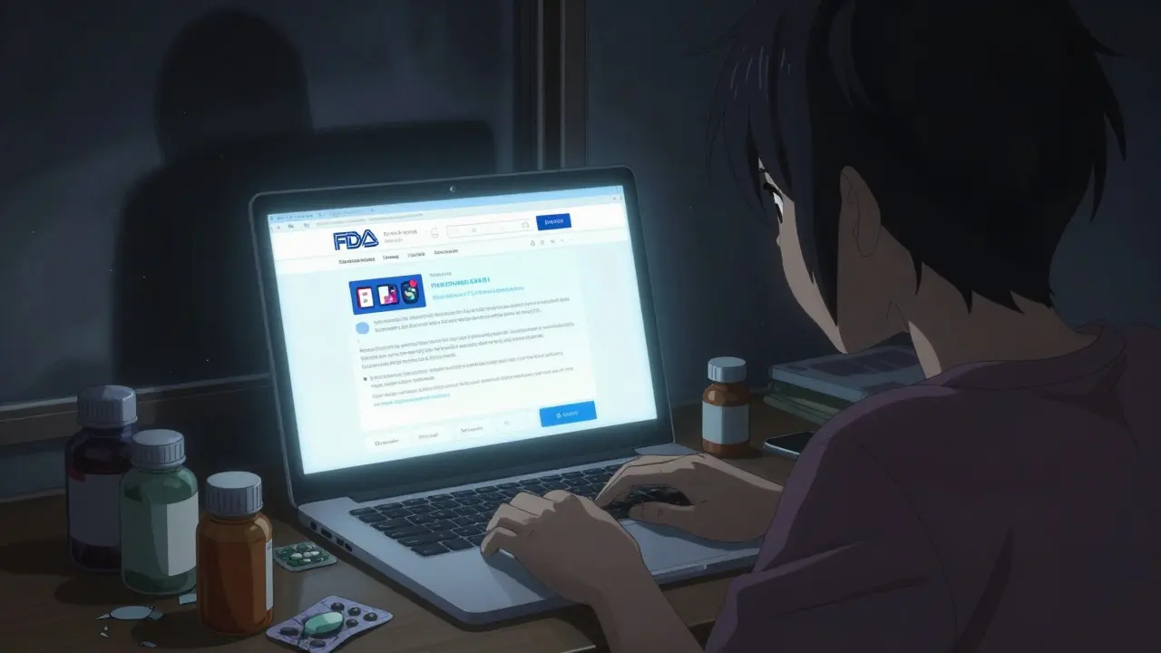 Someone staring at a fake pharmacy website on a laptop at night, shadowy reflections visible.