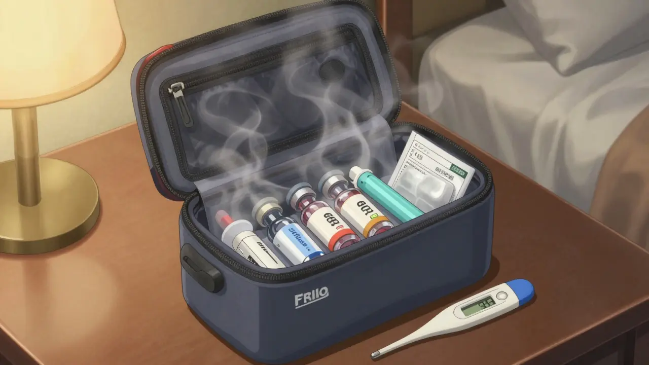A Frio cooler wallet opens on a hotel table, showing insulin and EpiPen inside with a thermometer reading 38°F.