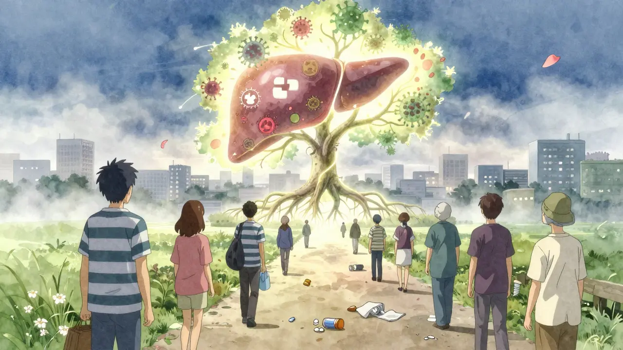 A healing liver tree grows in a cityscape as diverse people walk toward it, representing universal access to cure.