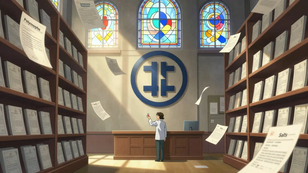 A lone generic manufacturer stands before a towering wall of patents in a symbolic courtroom.